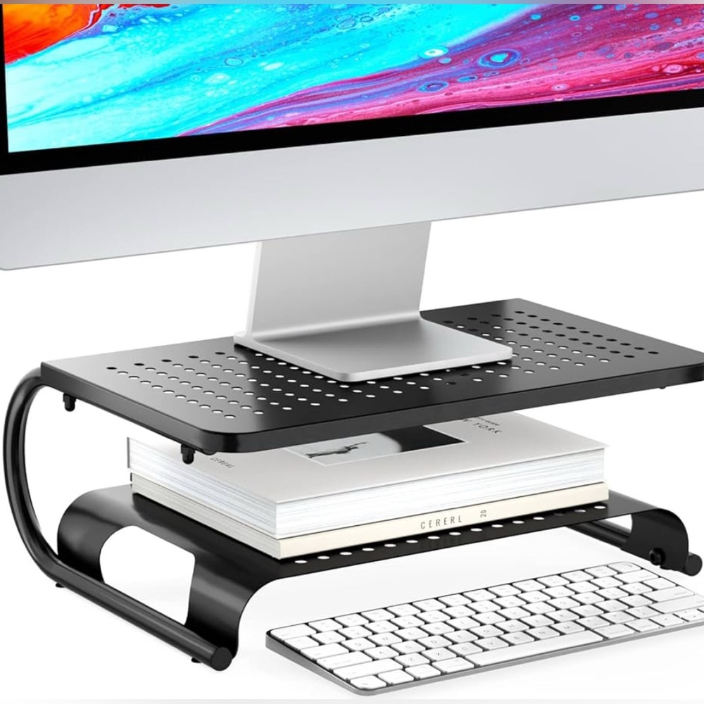 Monitor / Laptop Stand Riser, Vented Metal 2 Tier Desk Shelf, Black